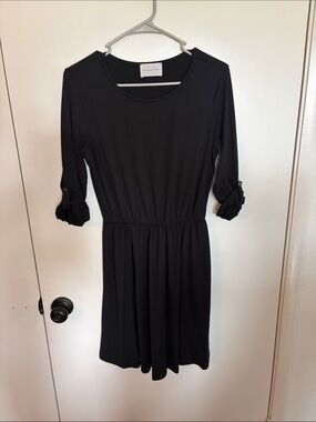 French Grey Black Roll-Tab Sleeve Gathered Waist Dress